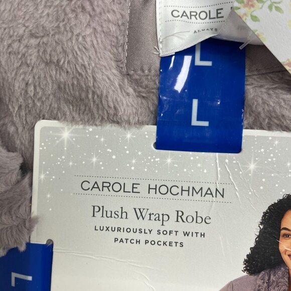 NEW Carole Hochman Plush Wrap Robe Women's L Gray Faux Fur Patch Pockets - Picture 4 of 6
